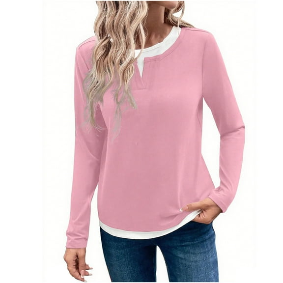 FNFHFY Long Sleeve Shirts for Women Fake Two Piece T-shirt Solid Color Crew Neck Shirt Casual Fall Tops