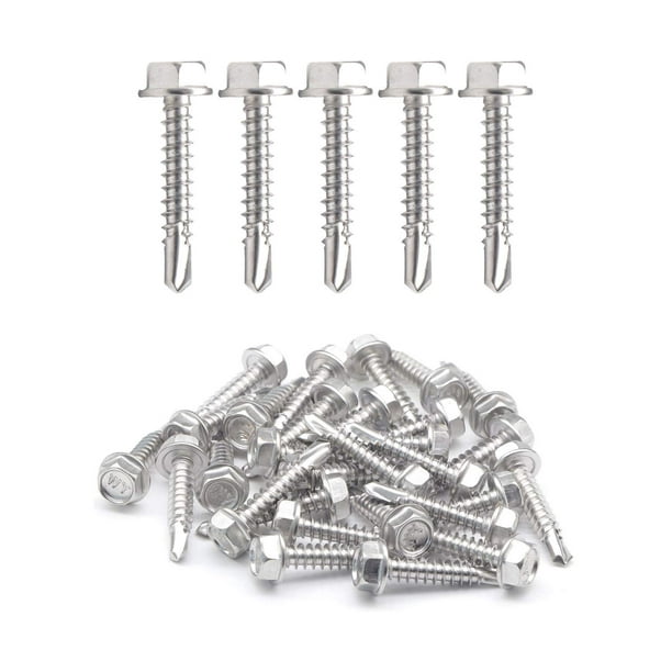 Tornillos autoperforantes con cabeza de arandela hexagonal de acero inoxidable #8 x 25 mm (100)