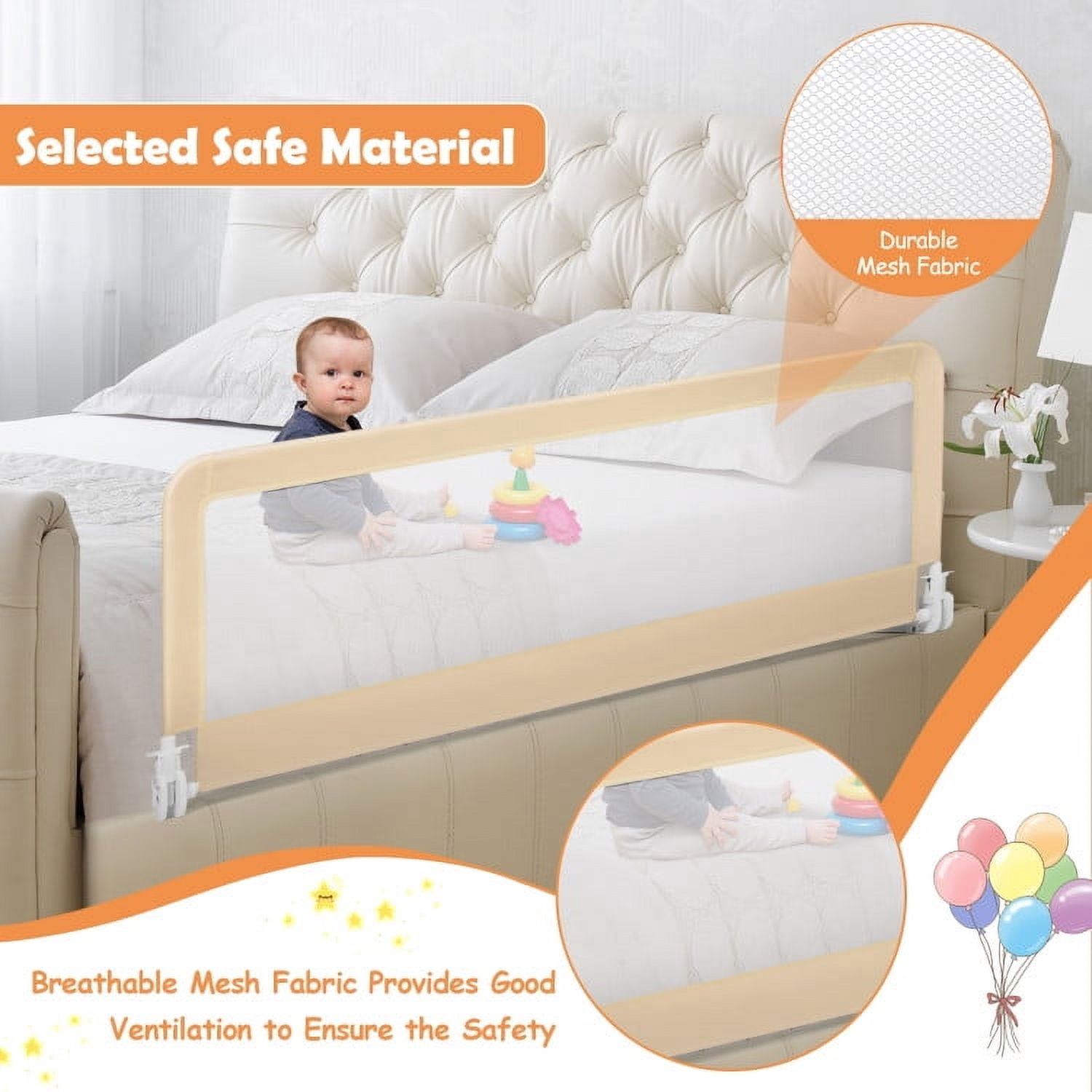 YYAo Bed Guard Rails,Bed Fence,Bed Gate for Baby,59 Inch Folding Breathable Baby Bed Rail Guard with Safety Strap-Beige