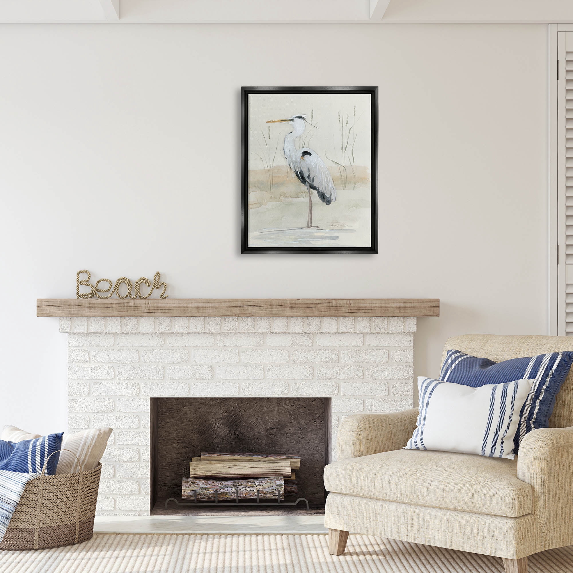 Stupell Industries Heron Bird Riverbank Watercolor Coastal Painting Black Floater Framed Art Print Wall Art