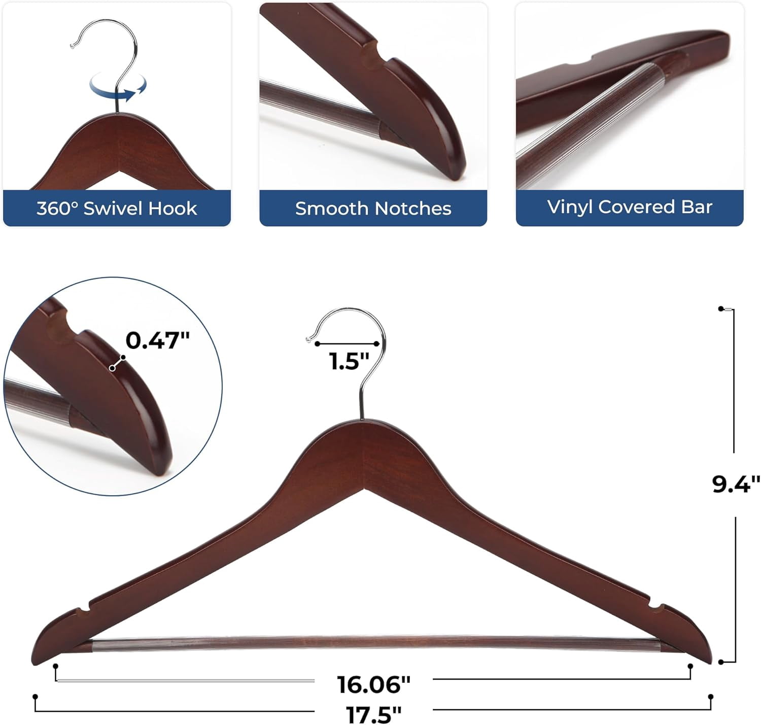 Wooden Coat Hangers,  Wood Suit Hangers with Non Slip Pant Bar - Extra Smooth and Splinter Free Walnut Finish Wooden Suit Hangers for Closet Organization