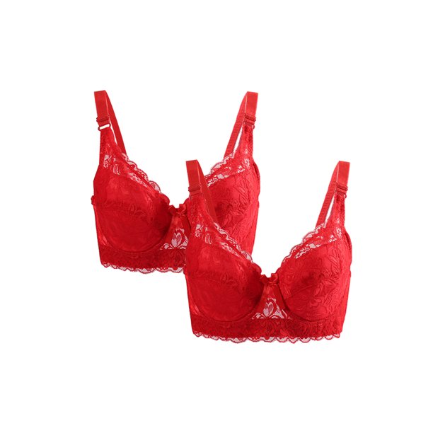 Sostén con aros de flores acolchado de cobertura total para mujer de talla grande INSPIRE CHIC Rojo-2 Pcs 42/95 Ajuste 40B/C