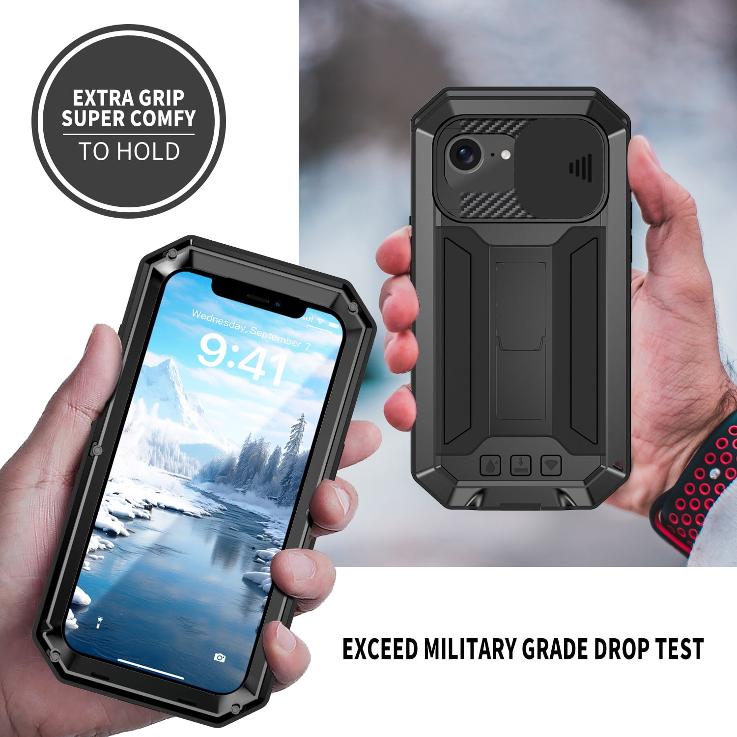 Dteck for iPhone 16E Case with Camera Cover Sliding, Heavy Duty Protection Rugged Screw Full Body Military Grade Metal Rubber with Stand Hard Built in Screen Protector for iPhone 16e 2025,Black
