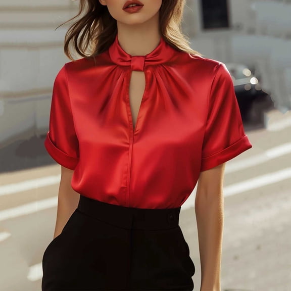 HongQid Dressy Tops for Women,Short Sleeve Satin Blouse,Business Casual Office Top Silk Blouses
