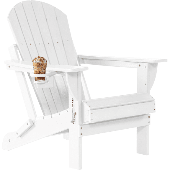 Withniture Folding Adirondack Chair Wood Texture, Patio Chair Weather Resistant, Wood Plastic Fire Pit Chair with Cup Holder, for Lawn Outdoor Porch Garden Backyard Deck(White)