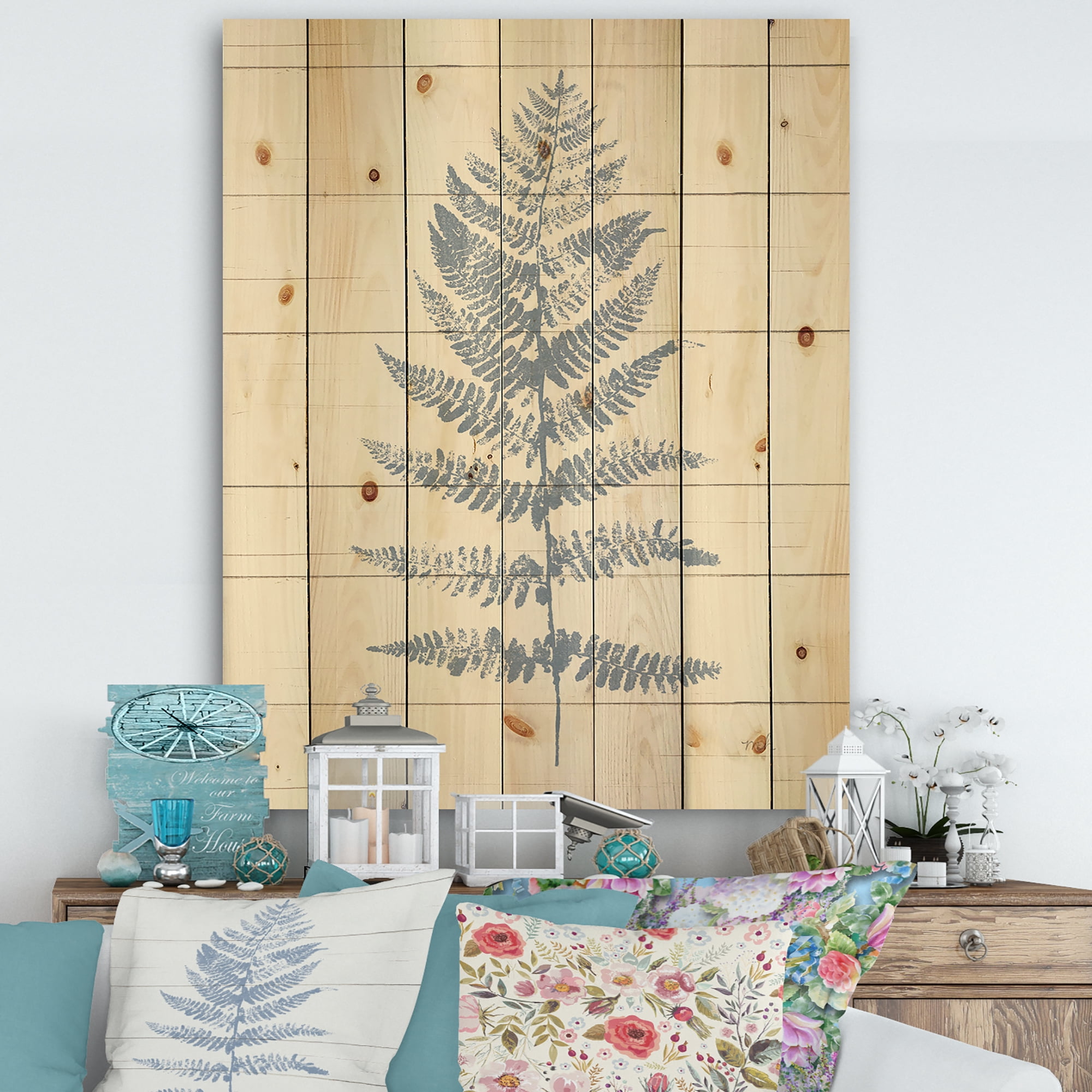 Designart 'Abstract Blue Fern on wood II' Cabin & Lodge Print on Natural Pine Wood