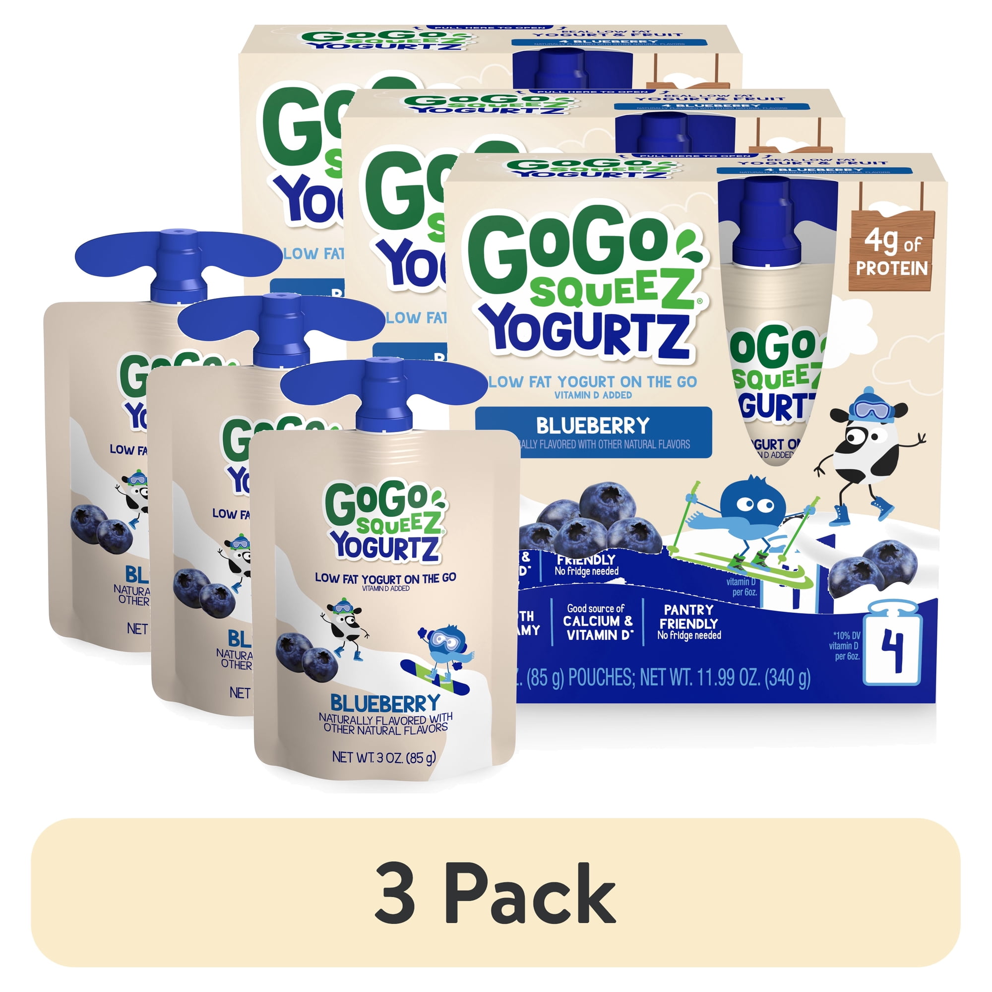 (3 pack) GoGo squeeZ Low Fat Yogurtz Blueberry Yogurt Snack Pouches, 3 oz (4 Pack)