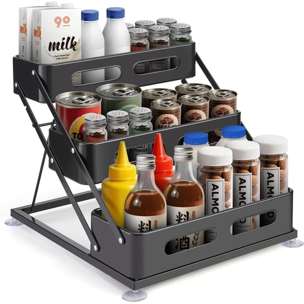 Estante De Cocina Para Almacenar Especias,Organizador De Cocinas Estantería de 3 Niveles en Metal,Altura Ajustable para Encimera y Gabinete No Requiere Montaje