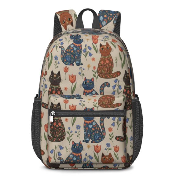 Folk Art Cat and Flower Beige Pattern 17" Waterproof Oxford School Backpacks for Teens, S-Shape Padded Straps, for School, Travel, Hiking, Camping