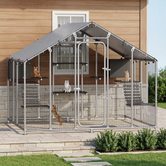 Haverchair Catio Outdoor Cat Enclosure, 94.5" Extra Large Walk-in Cat House for Multiple Cats with Waterproof Cover, 2 Resting Boxes, 2 Bridges, 6 Jumping Platforms, Galvanized Steel Chicken Run Coop
