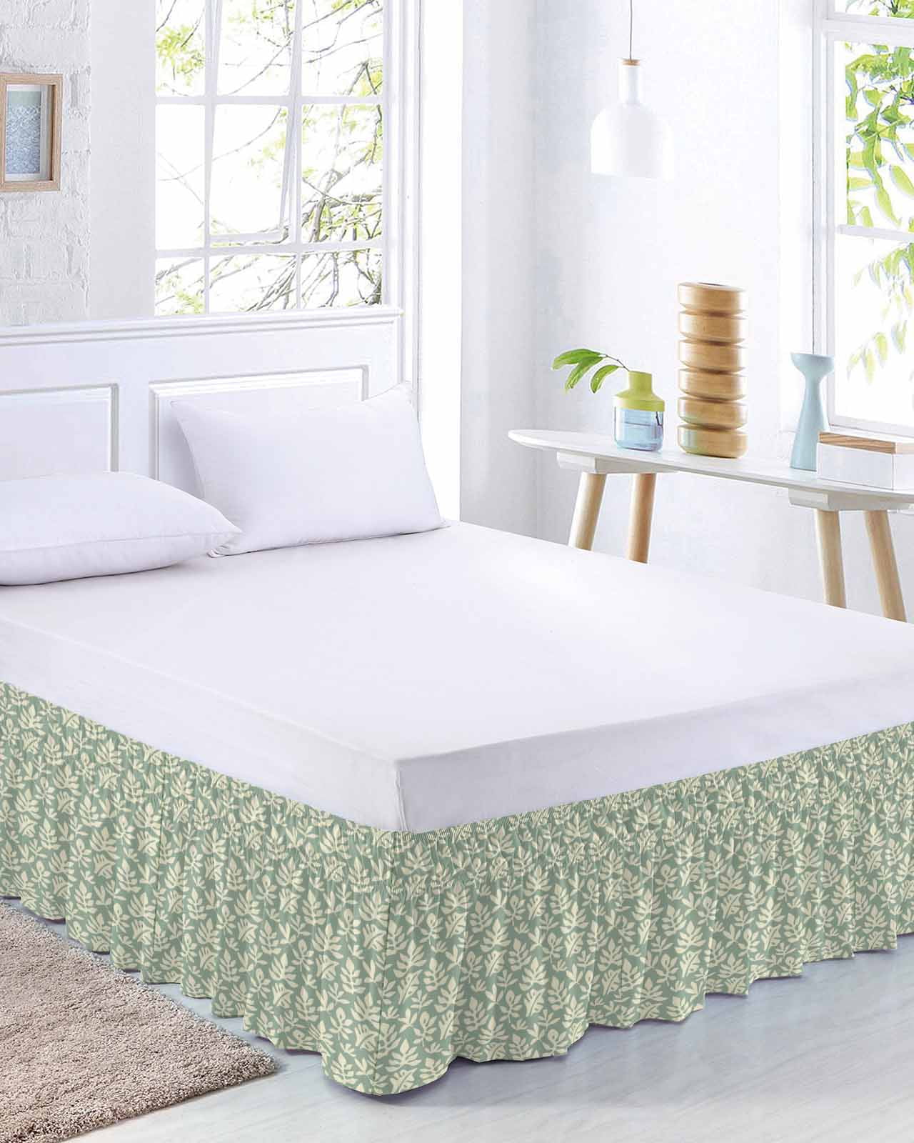 Simple Daisy Silhouette Bed Skirt King Size 16 Inch Drop, Retro Flower Green Patterns Adjustable Elastic Dust Ruffles Bedskirt for King Bed Wrap Around Pleated Mattress Frame Cover