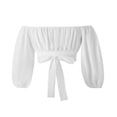 thumbnail image 4 of Women Tie Back Crop Top Off Shoulder Puff Sleeve Ruched Bust Tops Shirt Blouse, 4 of 7