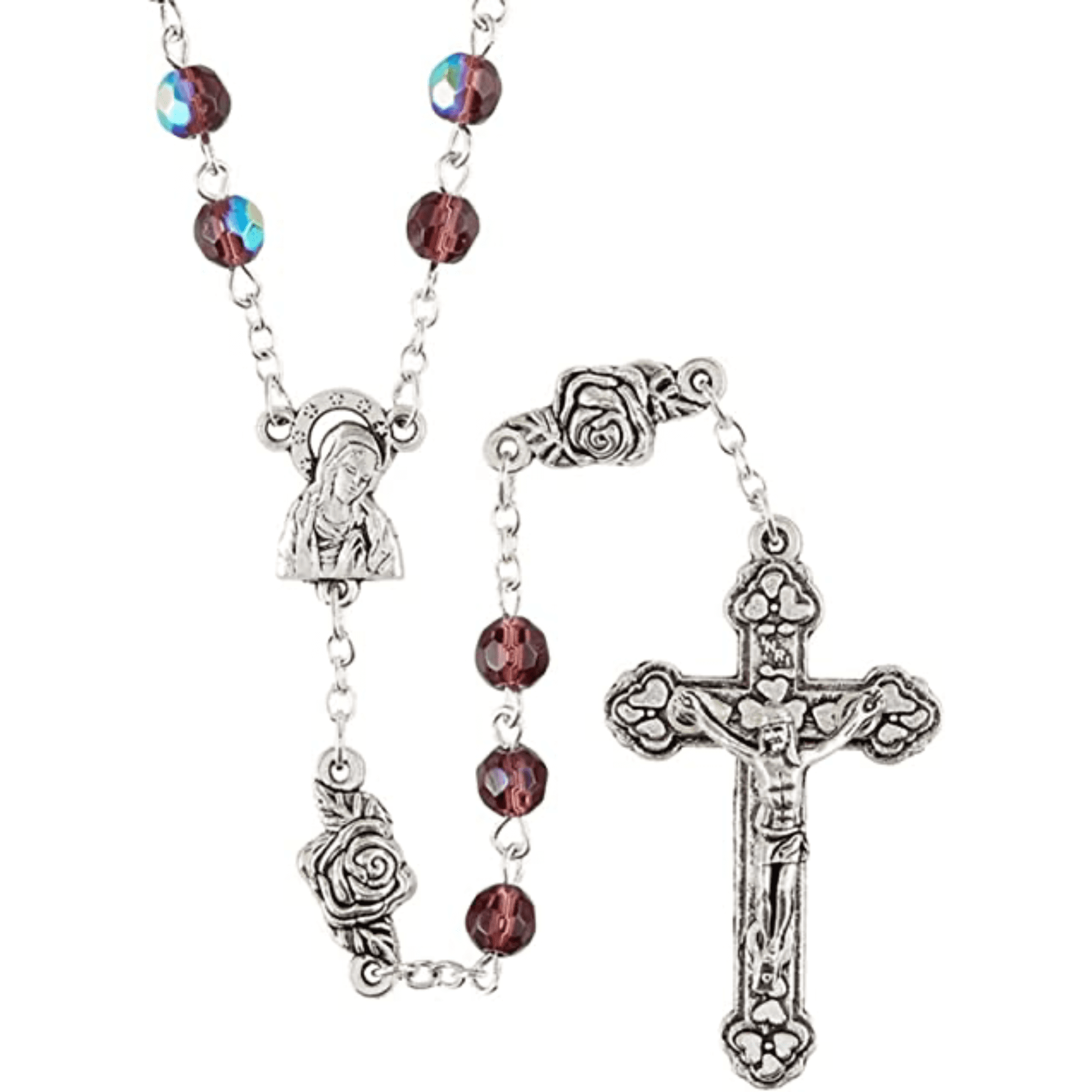 Rosebud Our Father Imitation Amethyst Beaded Rosary, Catholic Prayer
