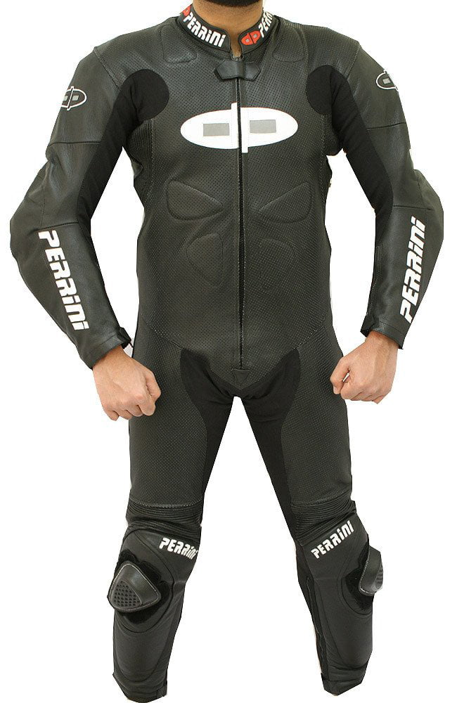 Perrini 2pc Motorcycle Riding Racing Track Suit w/padding All Leather Drag Suit Black