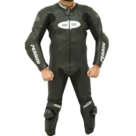 Perrini Fusion 1 PC Black Motorcycle Racing Leather Suit with Hump Perforation and Riding