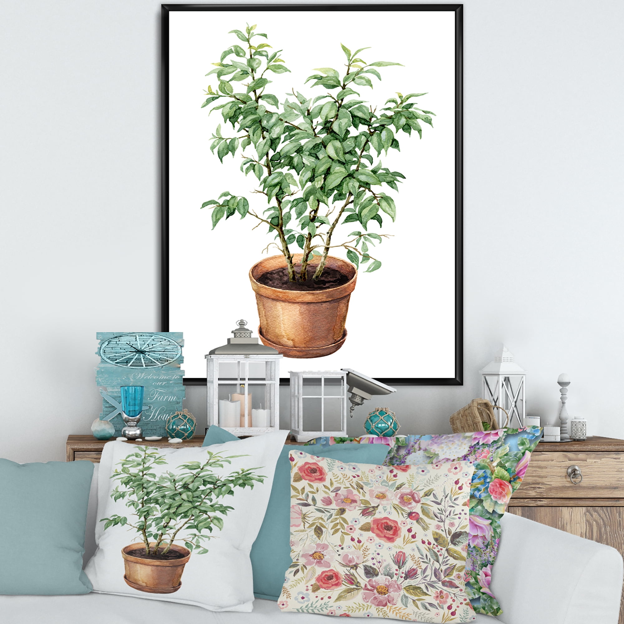 Designart 'Ficus Benjamina Plant In Clay Flowerpot' Traditional Framed Canvas Wall Art Print