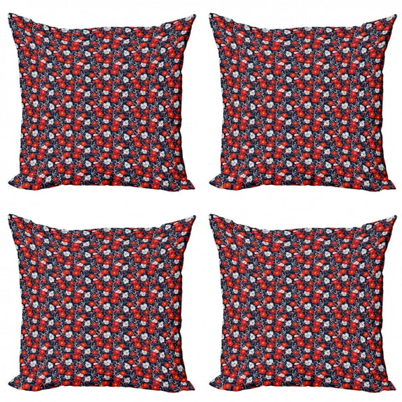 Spring Throw Pillow Cushion Case Pack of 4, Colorful Blooming Petals Doodle Style Abstract Foliage Silhouettes, Modern Accent Double-Sided Print, 4 Sizes, Vermilion Dark Blue, by Ambesonne