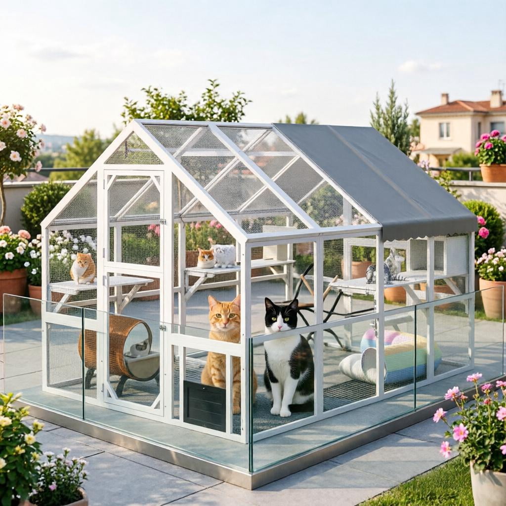 Wooden Catio Outdoor Cat Enclosure with Waterproof Cover, 2 Condos, 6 Platforms
