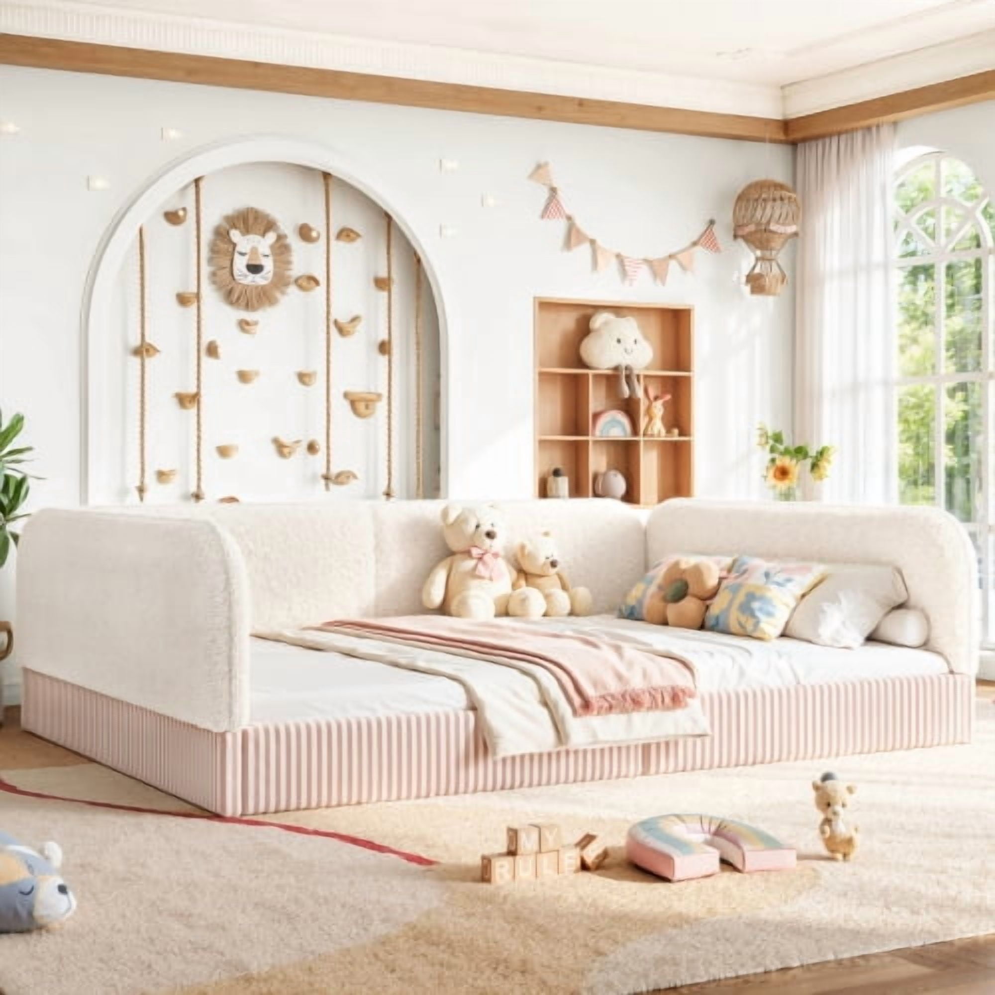 Queen Size Upholstered Teddy Fleece Floor Bed Frame, Half-Enclosed Montessori Low Profile Platform Bed with Full-Perimeter Guardrails for Kids, Beige