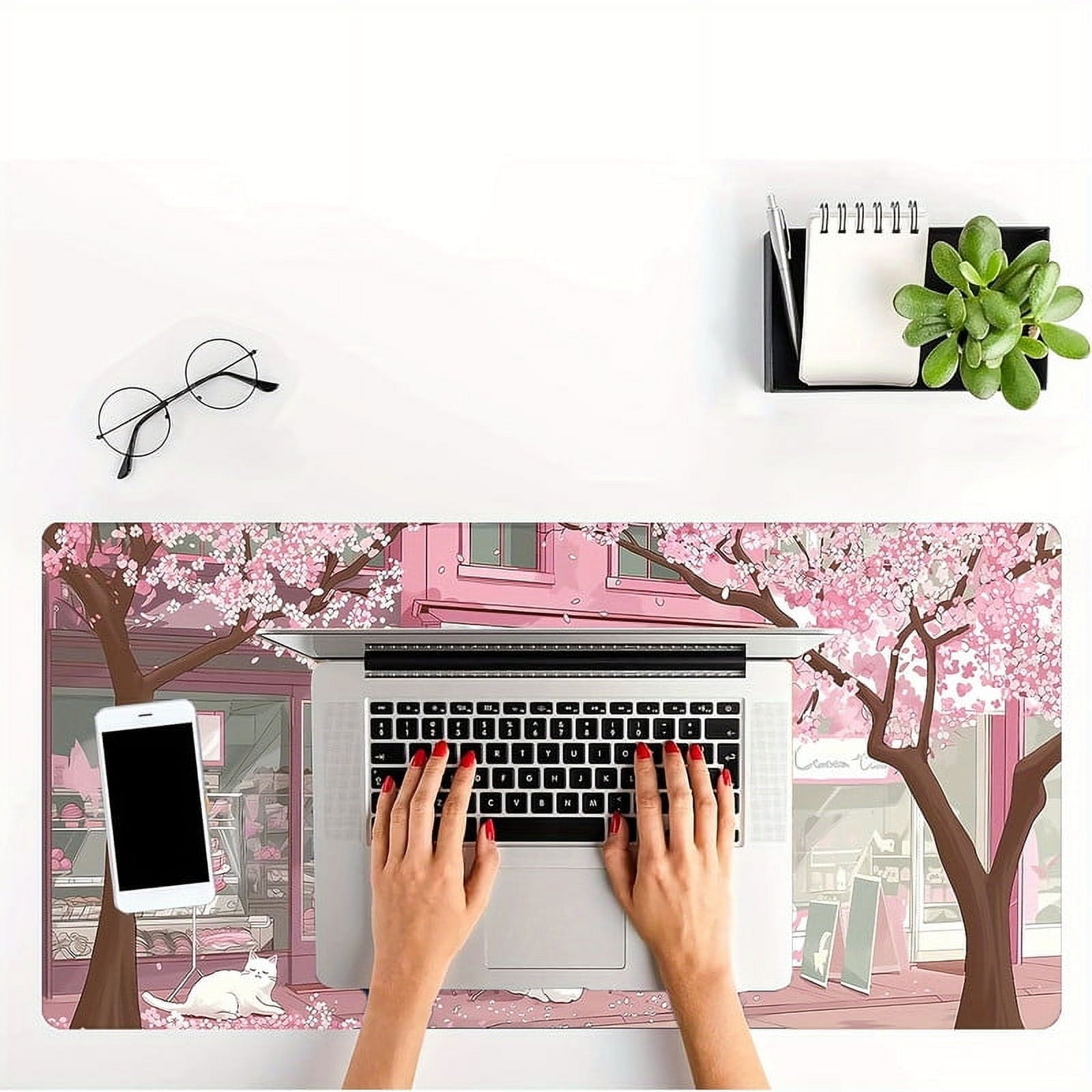 Large Pink Cherry Blossoms Anime Cats Mouse Pad - Non-Slip, Waterproof Rubber Base 31.5x11.8 inch Gaming Deskpad with Stitched Edges