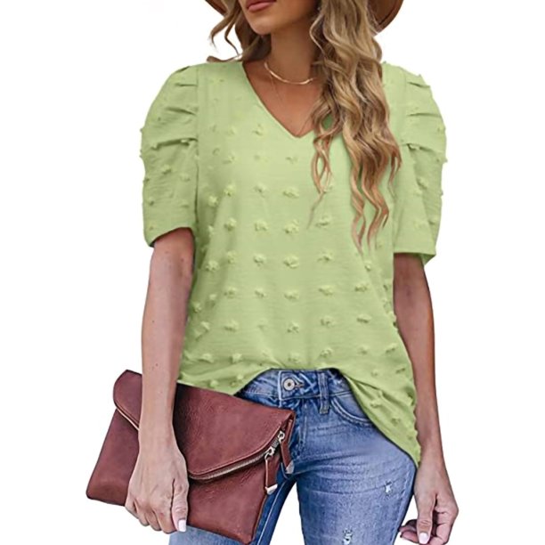 Grianlook Women Chiffon V Neck Tee Shirt Jacquard Puff Short Sleeve ...