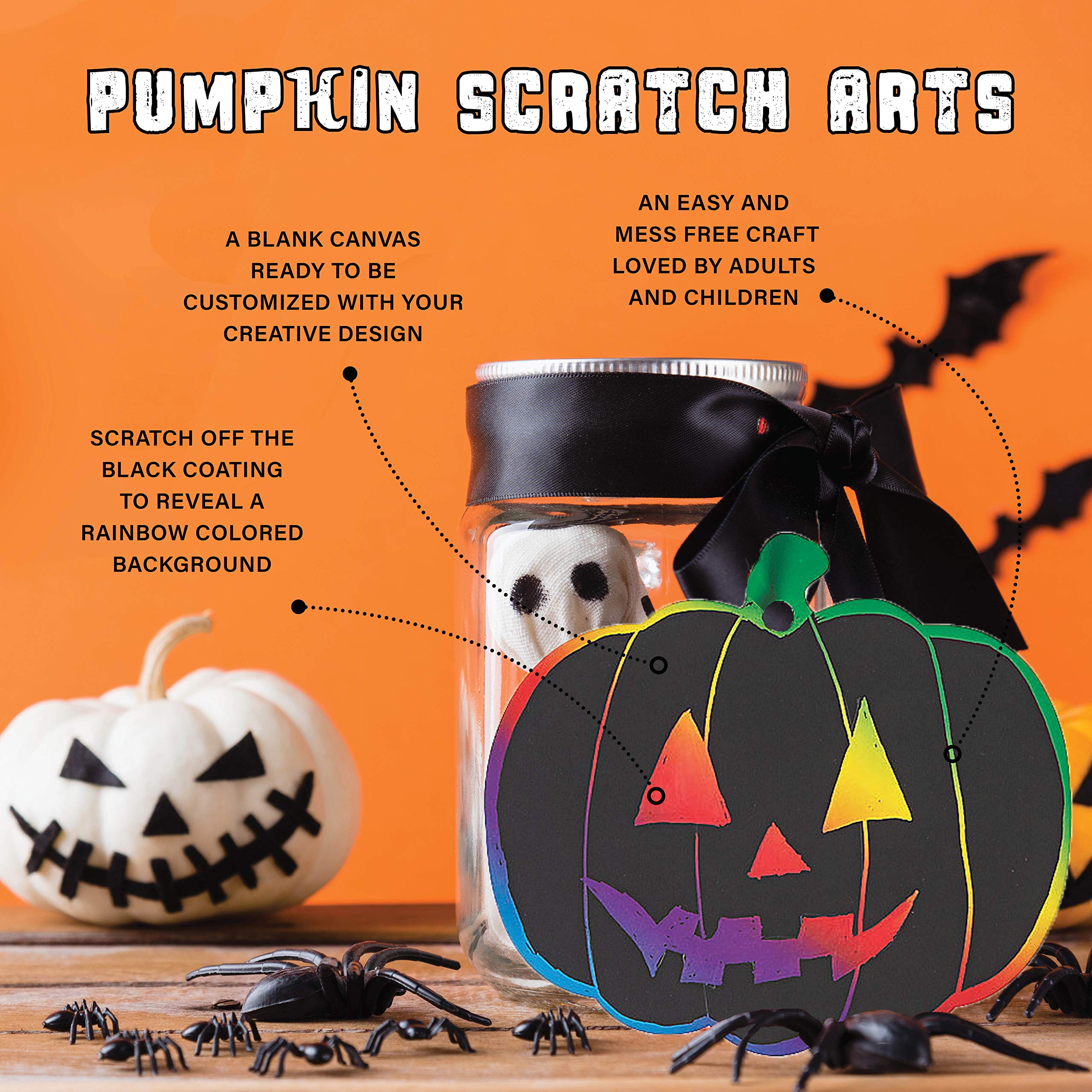 JULMELON 36 Pieces Halloween Scratch Paper Crafts Kit Bulk Of Halloween Pumpkins Magic Rainbow Scratch Art For Kids DIY Party Ornaments Halloween Decor With 12 Wooden Sticks And 36 Colorful Ribbons