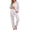 thumbnail image 2 of INSPIRE CHIC Women's Satin Pajama Sets Floral Button Down Shirt and Pants Silky Sleepwear 2 Pcs PJ Set S Light Pink, 2 of 5