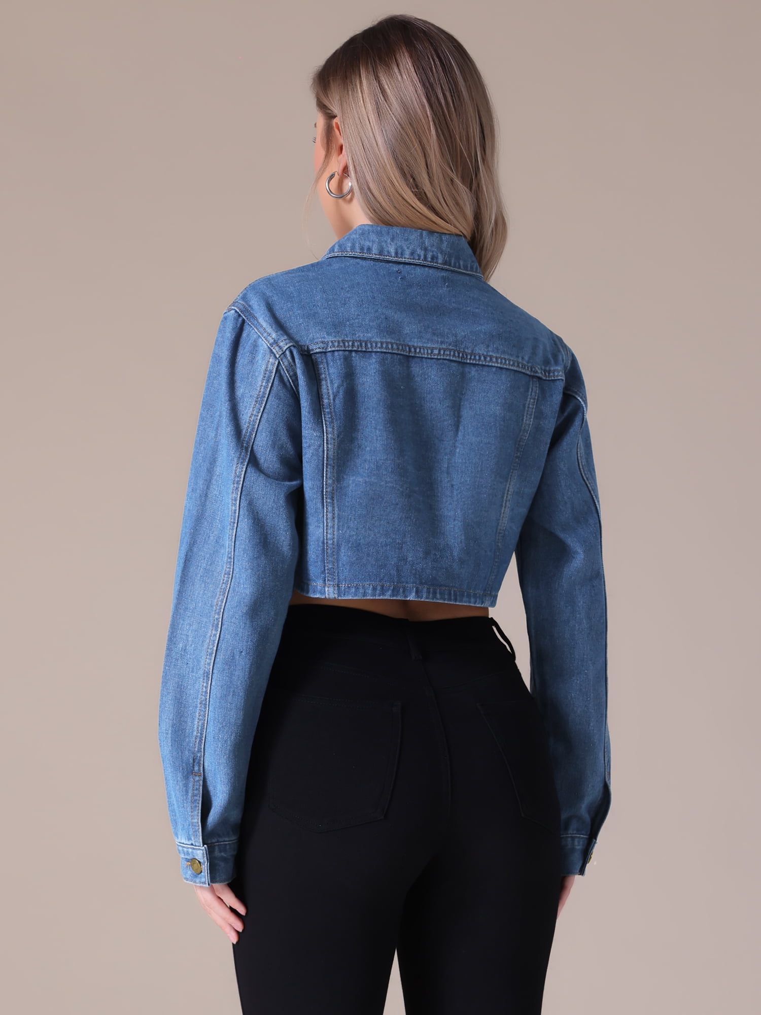 Unique Bargains Women's Button Down Cargo Pockets Washed Jean Jackets S Blue