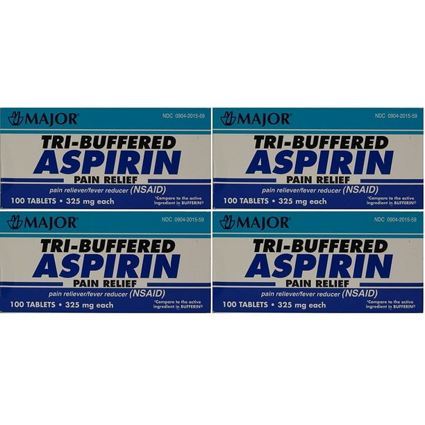 Major TriBuffered Aspirin 325mg 100 Tablets 4 Pk Pain Reliever and