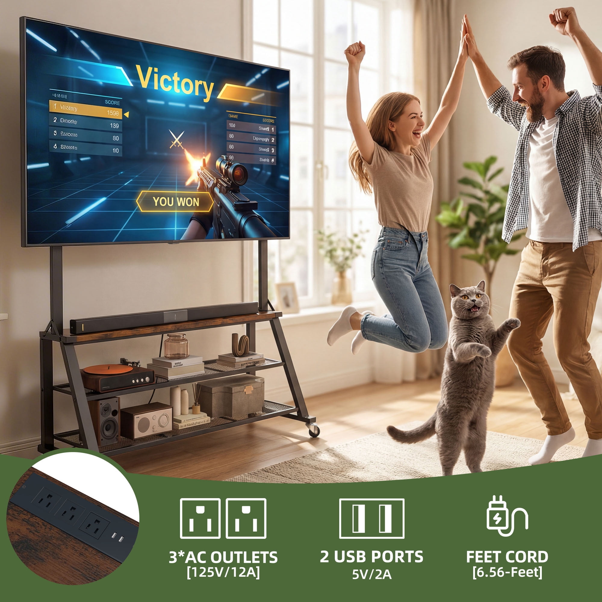 Uforic 46"W Rolling TV Stand with Lockable Wheels & Power Outlets, Mobile Cart for 32-75 Inch TVs, Rustic Brown