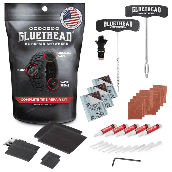 GlueTread Complete Off-Road Tire Repair Kit, Sidewall Tire Repair Patches, Tire Plugs & Colby Emergency Valve Stem Replacement