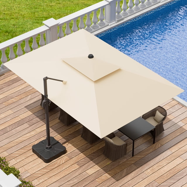 Parasol Déporté d'Extérieur Beige 9 X 12 Pi pour Terrasse, Grand Design Rectangulaire Décentré, Double Toit, Cadre en Aluminium Robuste et Rotation à 360° pour Piscine, Jardin, Terrasse, Cour Arrière