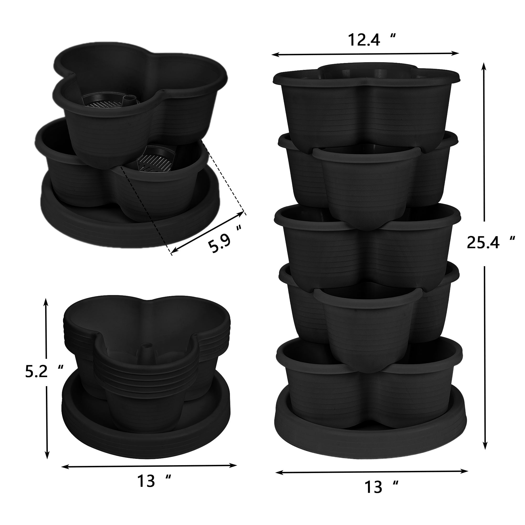 VECELO Stackable Planters 5 Tier Vertical Gardening Planter, Stackable Garden Tower Indoor Outdoor Pot For Strawberries, Flowers, Herbs, Vegetables With Removable Wheels, Black