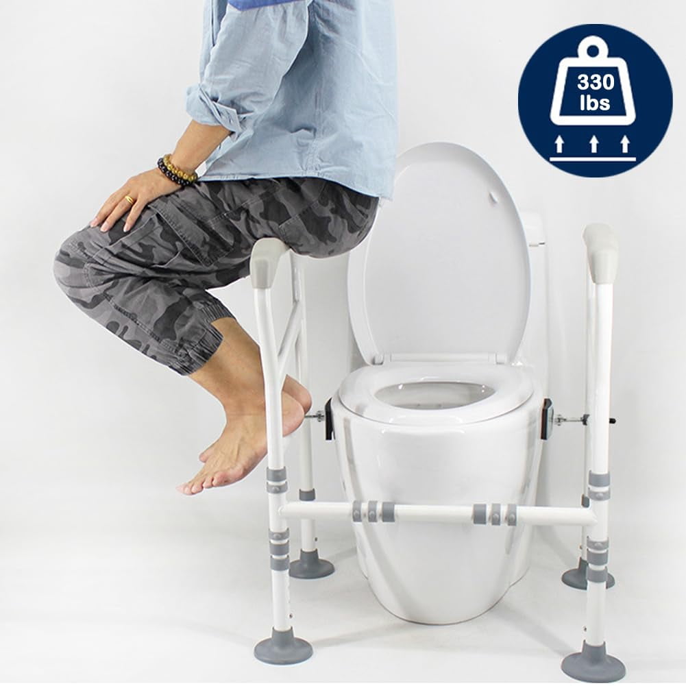 Toilet Safety Rails, Bathroom Frame, Adjustable Height, Bariatric Assist Handrail Grab Bar with Suction Cups, Railing Helper for Elderly, Handicap, Disabled, Seniors, Padded Arms Fit Most Toilets