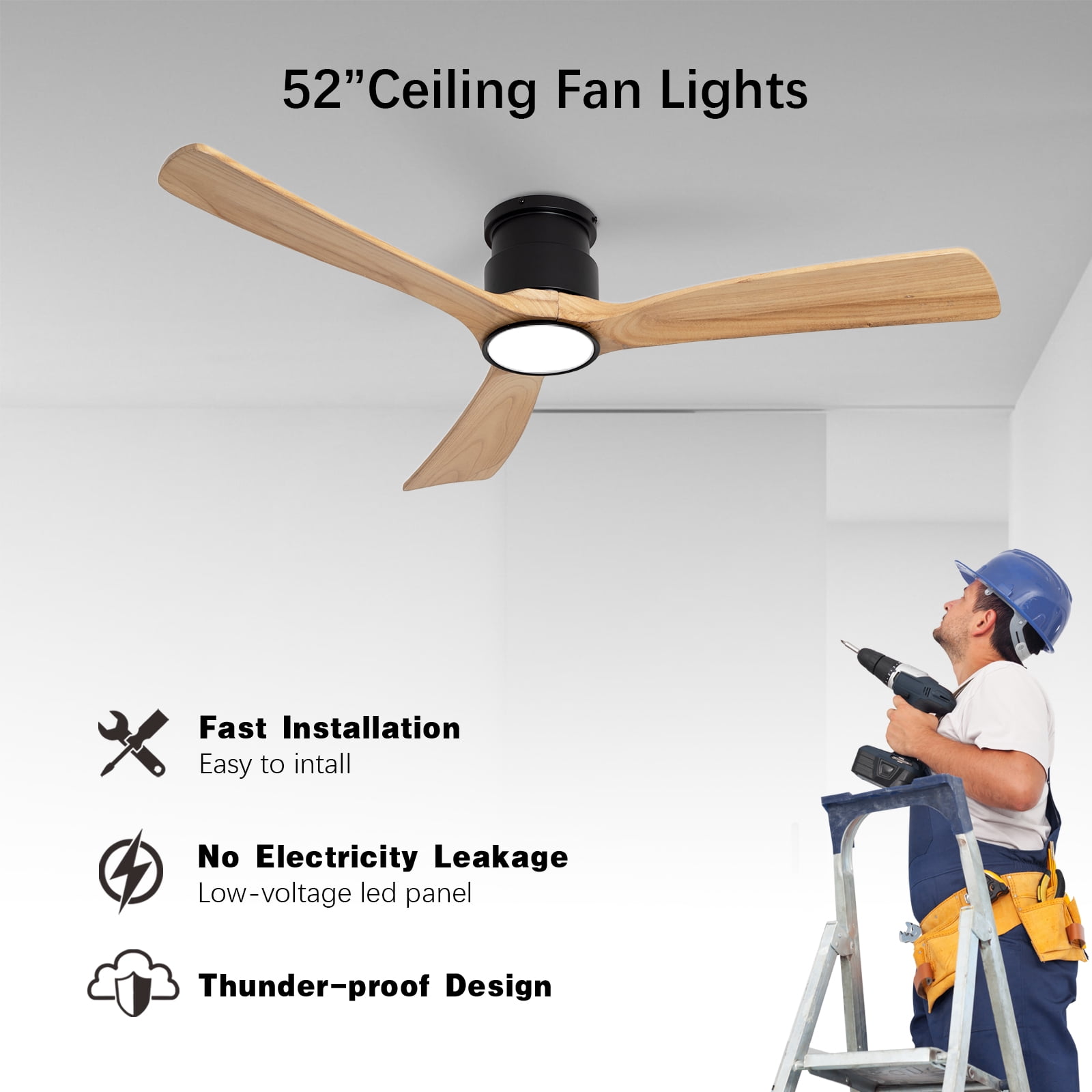 Wozzio 52'' Natural Log Recessed Mount Ceiling Fan Light with Lighting And Remote Control, Log Colour Wooden Fan Blade, Silent Reversible DC Motor, Light Memory, 6 Speed