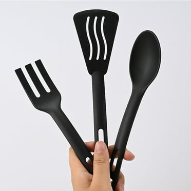 3Pcs Anti-Scratch Nylon Kitchen Utensils Set, Slotted Spatula, Cooking Spoons & Slotted Spoon Black