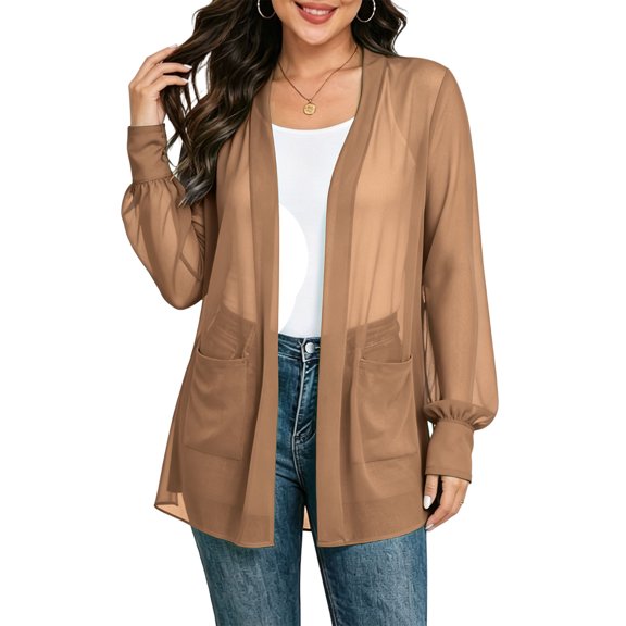 Cmfcve Women's Long Sheer Chiffon Cardigans Open Front Puff Long Sleeve Lightweight Beach Cover Ups with Pockets