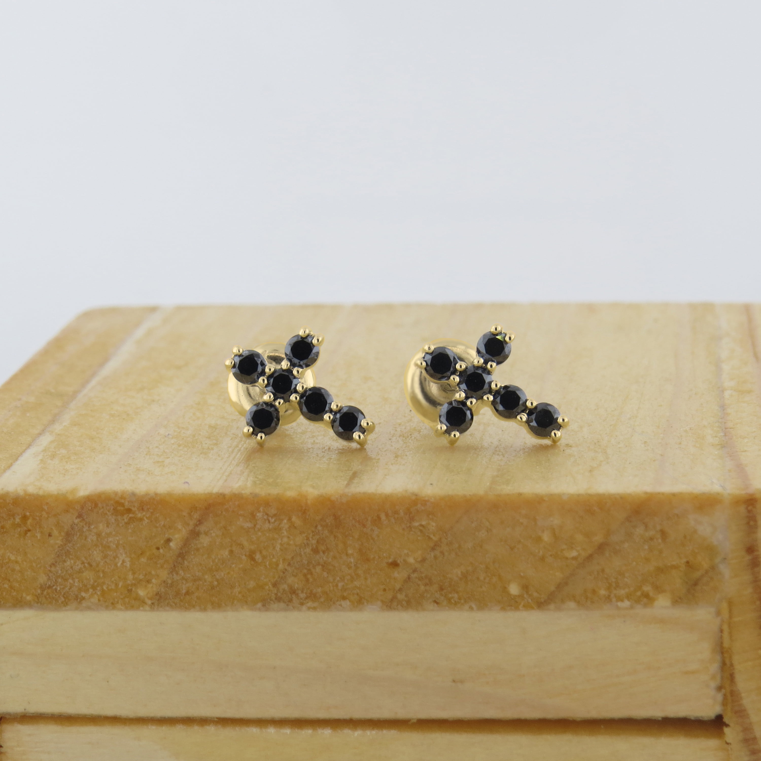 Dazzlingrock Collection Round Black Diamond Mini Cross Pushback Stud Earrings for Women (0.35 ctw, Color Black, Clarity Opaque) in 14K Yellow Gold