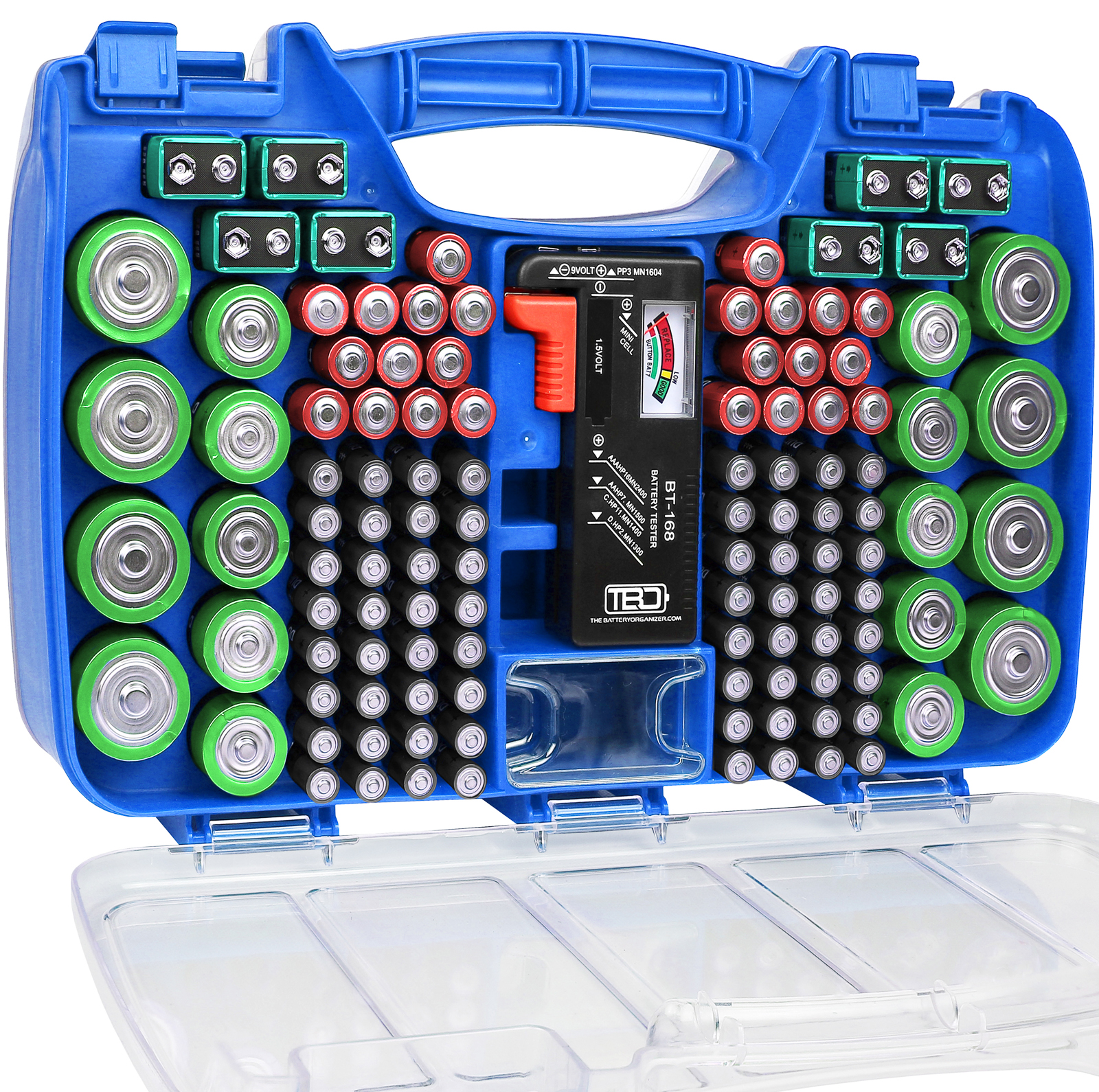 The Battery Organizer Battery Storage Case with Hinged Clear Cover, Includes a Removable Battery Tester, Holds 180 Batteries Various Sizes Blue. - image 4 of 7