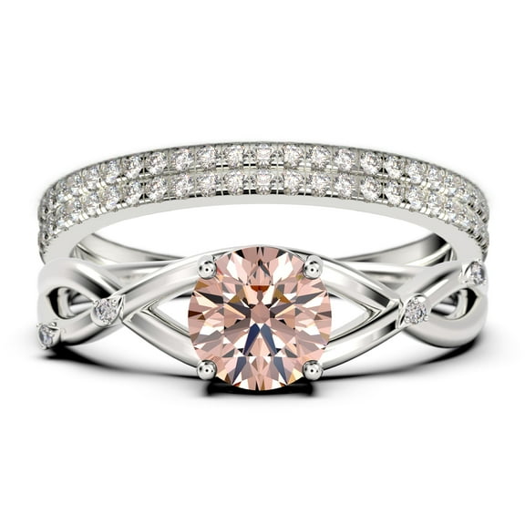 Spectacular And Decorative Rings Boho & hippie 2.10 Carat Round Cut Morganite And Diamond Moissanite Engagement Ring, Wedding Ring, Two Matching Band in 10k Solid White Gold, Promise Ring, Lovely Gift