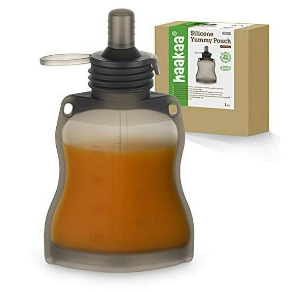 haakaa Reusable Silicone Yummy Pouch - Squeeze Refillable Baby Food Container| Self Feeding Puree,Smoothie Toddler Sippy Cup| Breastmilk Storage Bag|Freezer Safe Cereal Feeder Bottle 6M ,4.6 fl oz