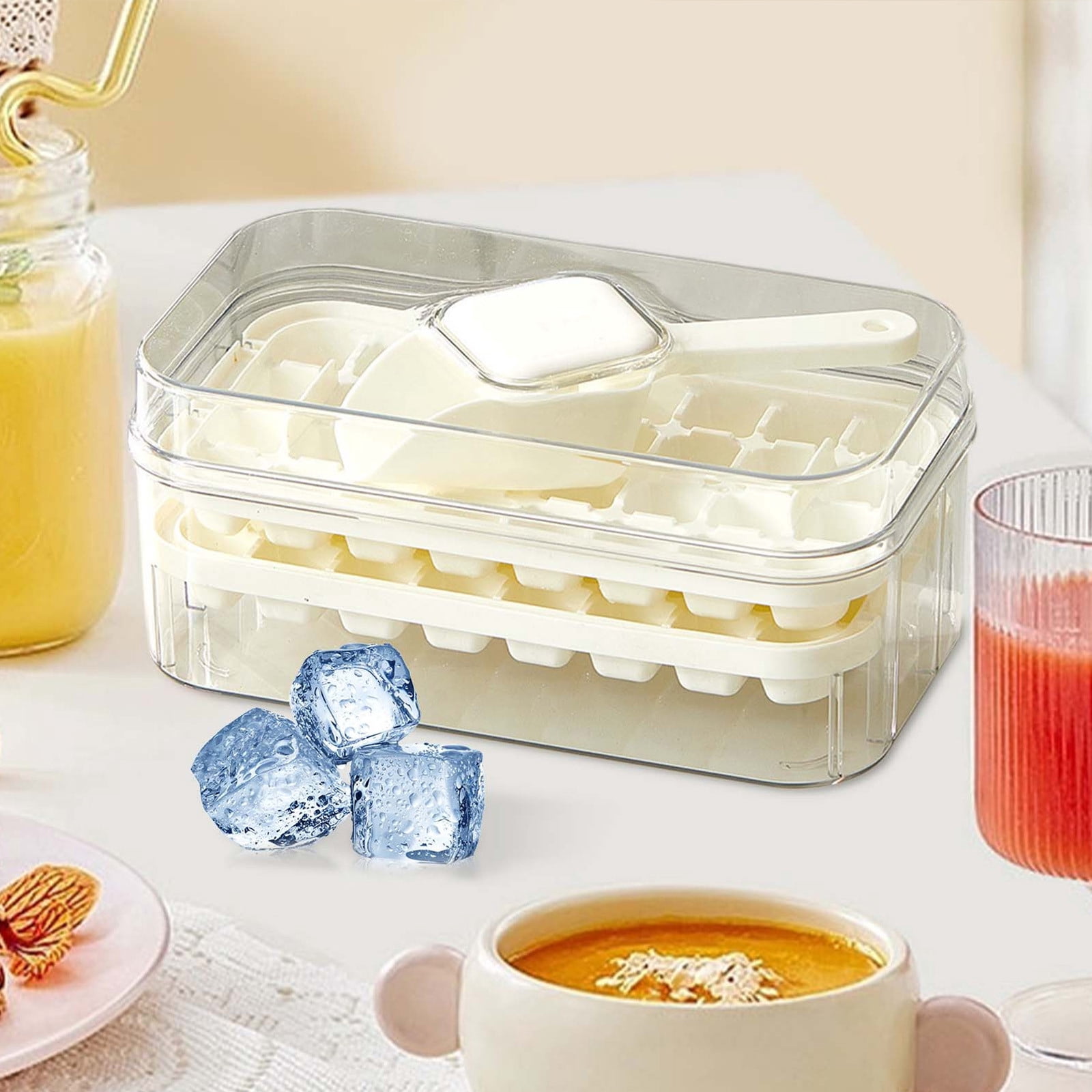 COM1950s Ice Tray with Storage Bin, One Click Release Double Layer Portable Ice Maker with Handle, Large Capacity Ice Container for Summer Home Party