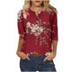 thumbnail image 1 of 3/4 Manga Superior Impresa Botón Suelto Cuello Redondo Camiseta, Tops Sueltos para las Mujeres, 1 of 5
