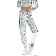 Women Joggers Shiny Metallic Sweatpants High Waisted Tapered Pants Club Trousers