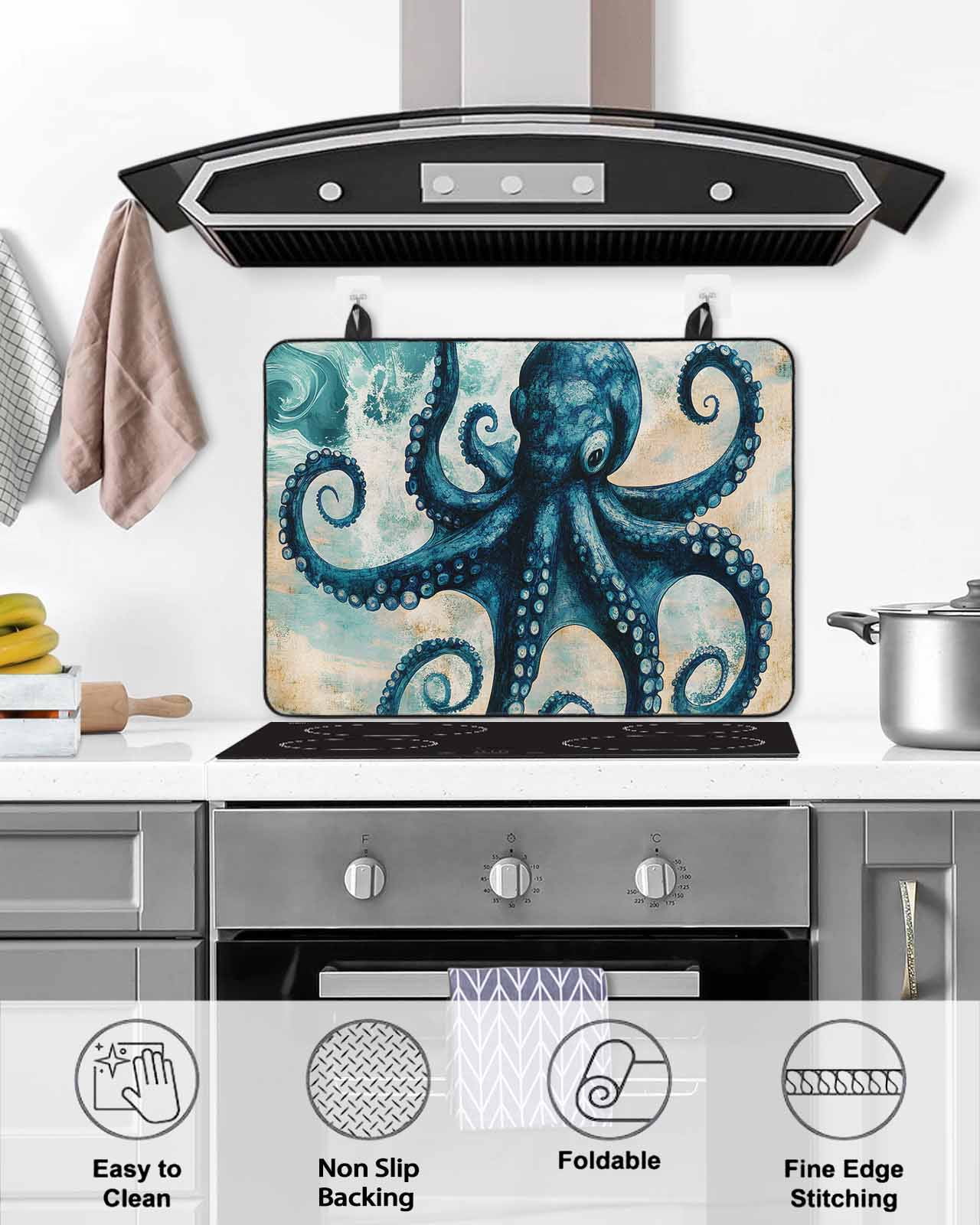 nqOlkjepod Large Induction Cooktop Protector Mat 36"x21", Teal Blue Octopus Stove Top Covers for Electric Stove, Summer Coastal Beach Wave Decorative Stove Burner Cover Mats, Glass Top Stove Cover