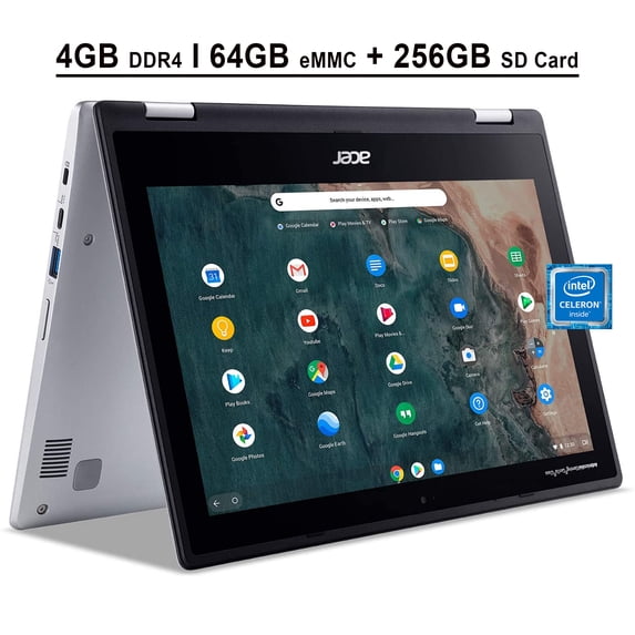 Acer Spin CP311 2-in-1 Business Chromebook 11.6" HD IPS Touchscreen Intel Core Celeron N4000 Processor 4GB DDR4 64GB eMMC + 256GB SD Card Intel UHD Graphics 600 USB-C Webcam Chrome OS Silver