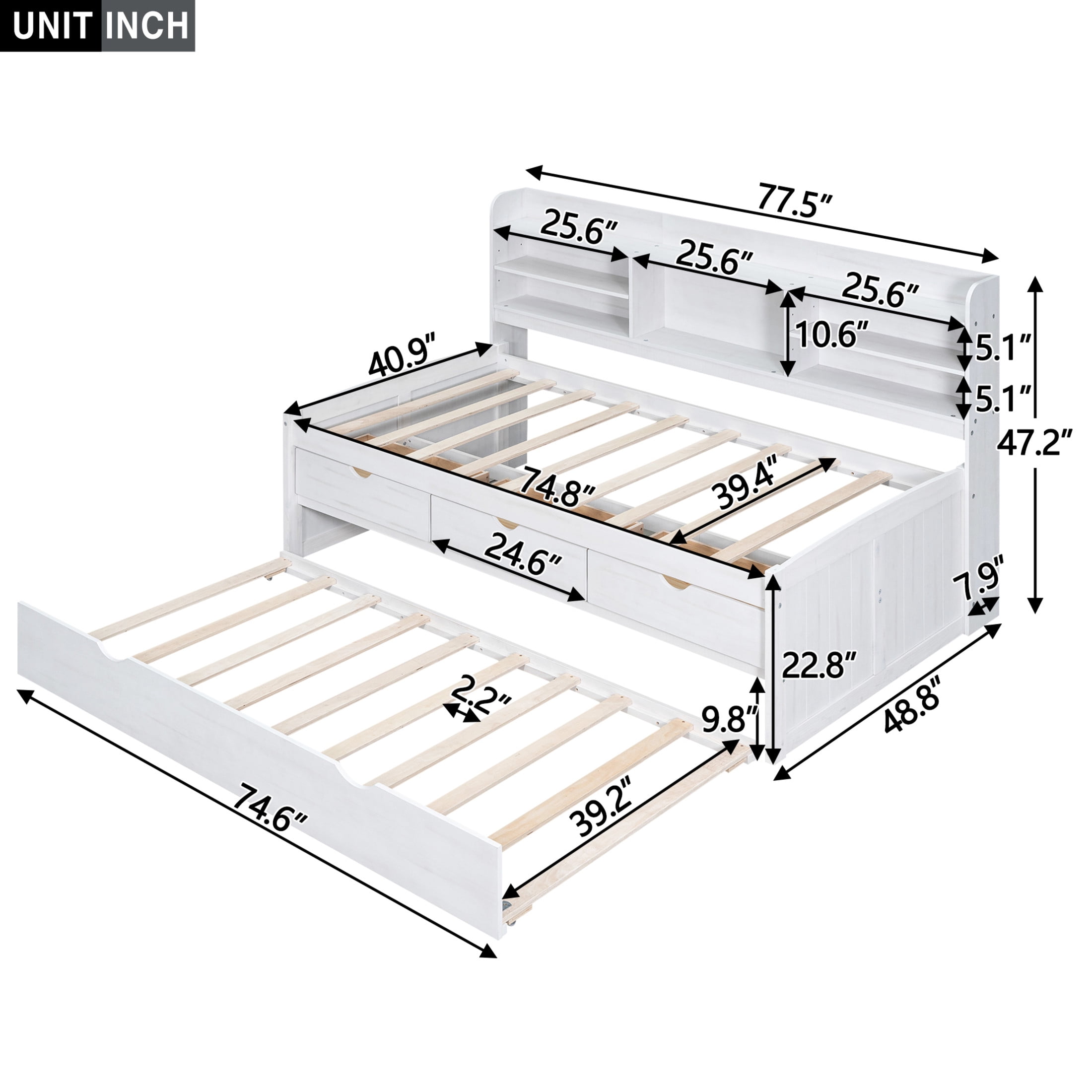 Noble House Savoy Twin Size Wooden Captain Bed with Bookcase Headboard and Trundle, Storage Drawers, White Washed