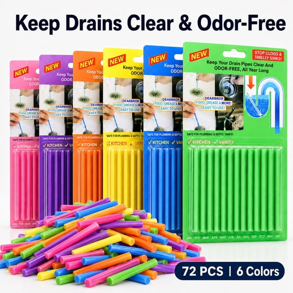 72pcs Drain Sticks Drain Cleaner Sticks Drain Sink Deodorizer Sticks Keep Your Drain Pipes Clear Keep Clogs for Kitchen Bathroom Toilet (6 Color)