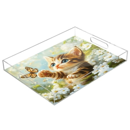 

Acrylic Tray 15.7*11.8*1.9 Inch Transparent Tray Food Tray Tea Cup Tray Serving Trays Cosmetics Storage Kitchen Table Bathroom Sundry Storage Cat Butterfly Play