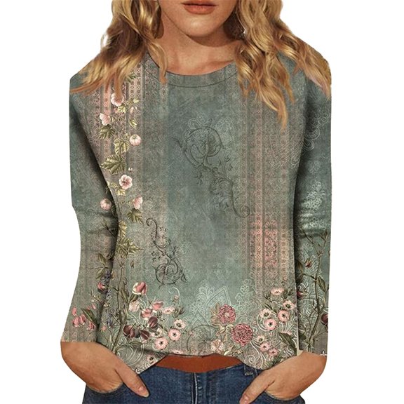 Womens Tops Long Sleeve Shirts For Women Womens T Shirts Long Sleeve Crew Neck Shirts Basic Tee Sort Comfy Printed Tops Blouse